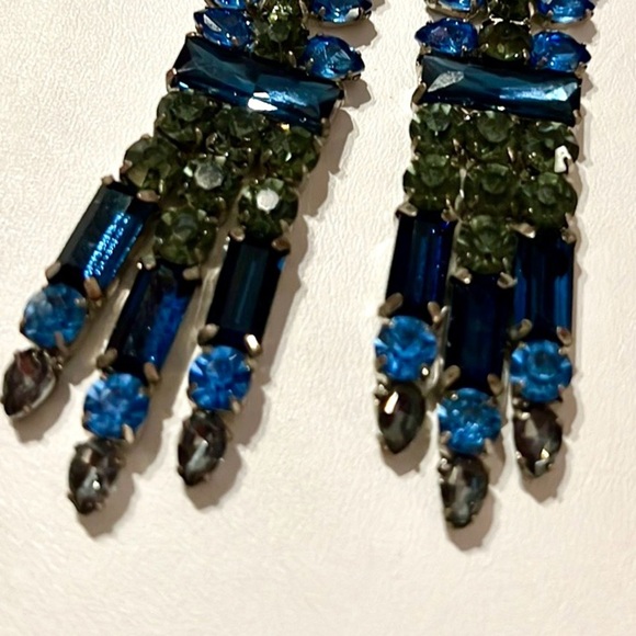 3” long blue and green rhinestone dangle pierced earrings - Picture 3 of 6